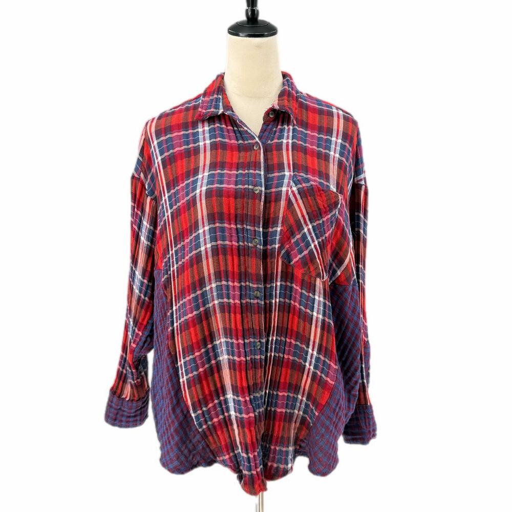 Free People One of the Guys Flannel Plaid Cotton Red White Blue Long Sleeve Top - Picture 3 of 13
